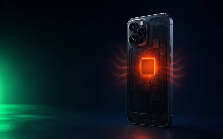 iPhone nóng máy với vùng nhiệt màu cam trên nền tối