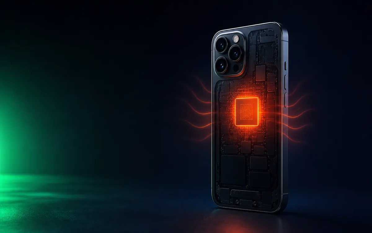 iPhone nóng máy với vùng nhiệt màu cam trên nền tối