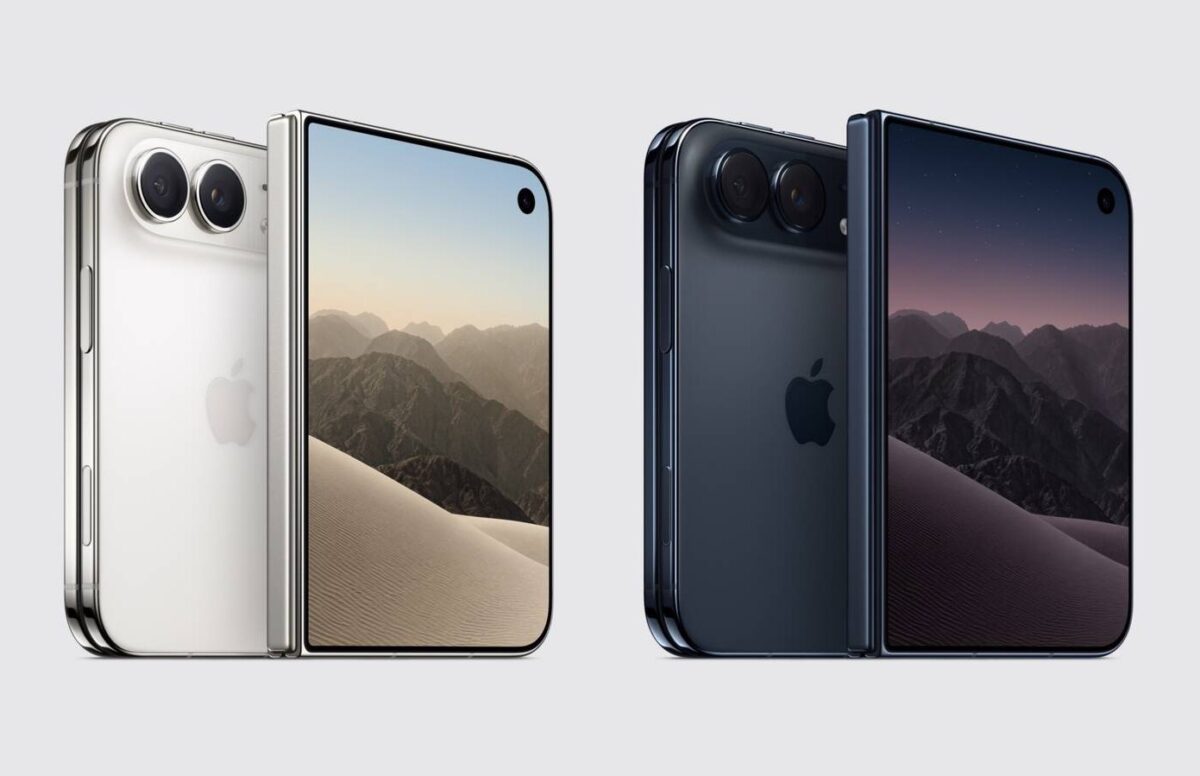 Hai chiếc iPhone Duo gập màu trắng và đen, hiển thị thiết kế với màn hình gập và camera kép