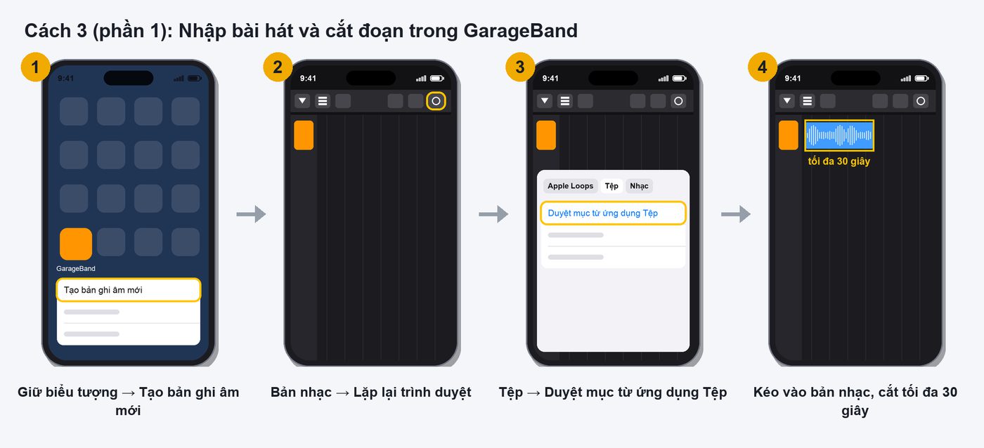 Nhập bài hát và cắt đoạn tối đa 30 giây trong GarageBand trên iPhone